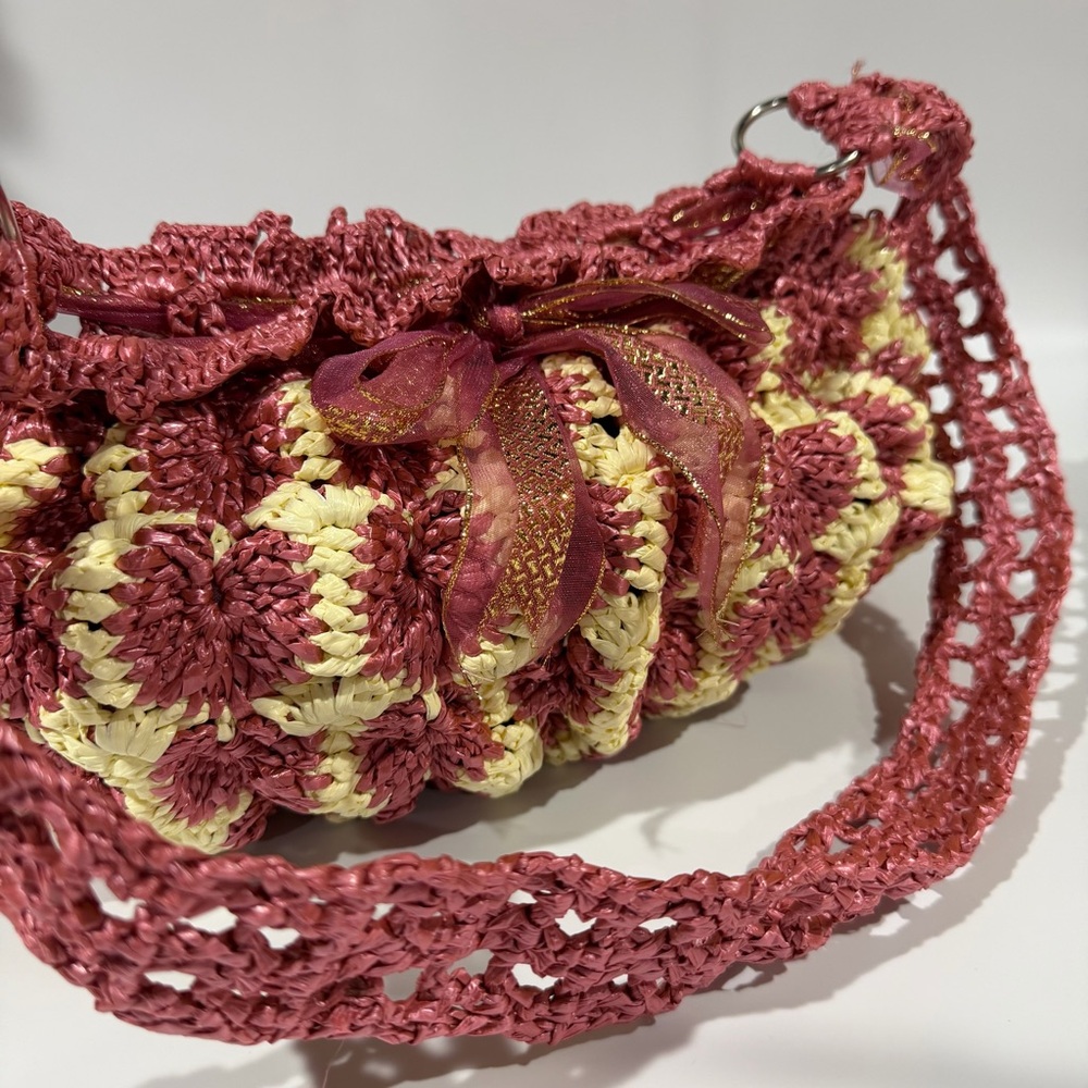 Handmade 80s Vintage Woven Crochet Pink Cream Gold Puffy Bow Fairy Shoulder Bag
